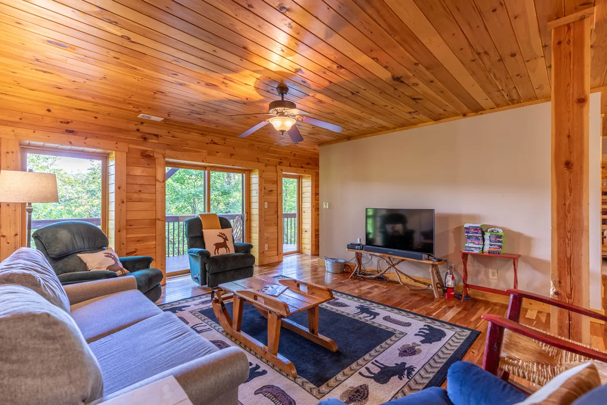 A cozy seating area with a wooden ceiling, comfortable chairs, a TV, a rug with animal motifs, and large windows. The setup suggests a space ideal for movie nights, casual gatherings, and enjoying views outdoors.