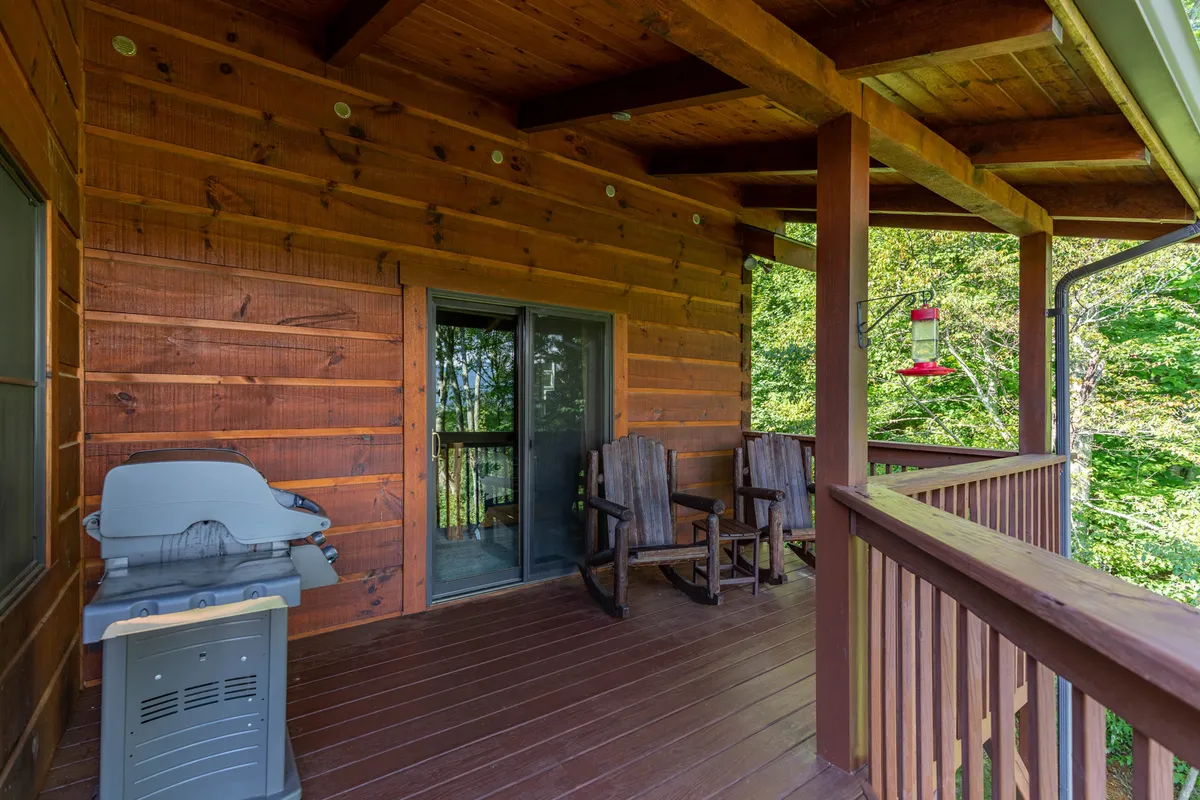 A cozy porch with wooden rocking chairs, a grill, and a view of the natural landscape. The scene is ideal for barbecues, socializing, and relaxing after a day of exploring. The hummingbird feeder and surrounding greenery add a touch of serenity and connection with nature.